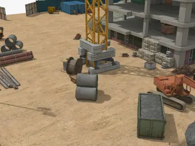 Construction Site with Building and Construction Vehicles Low-poly 3D model