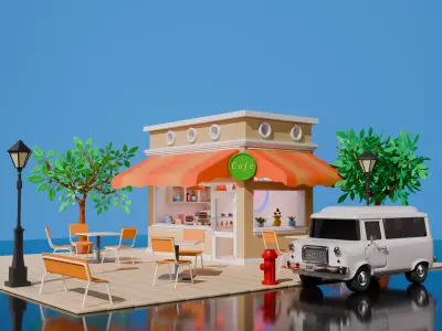 Stylized Isometric Cafe with Retro Van  Modular Blender Scene Low-poly 3D model
