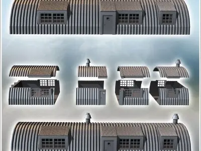 Long corrugated metal building with multiple windows and chimney 3D print model