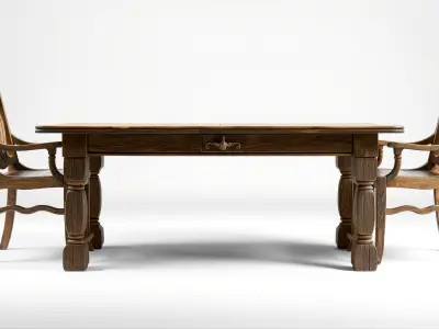 Rustic Wooden Dining Set with Carved Details model pack Low-poly 3D model