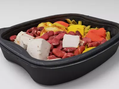 Poke bowl lunch box with tomatoes potatoes meat beans asparagus 3D model