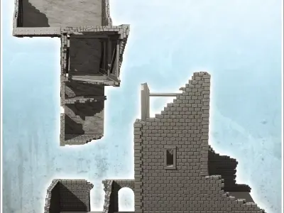 Ruined building with large tower with wooden frame and arches 37 3D print model