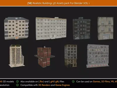 50 Realistic Buildings 3D Assets Pack For Blender Vol 1 Low-poly 3D model