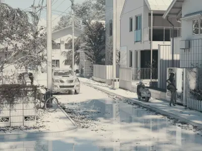 Street scene in the suburbs of Japan Low-poly 3D model