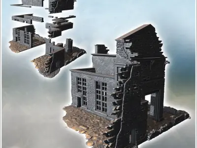 Industrial ruin with exposed piping steel framework and broken b 3D print model