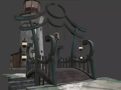 Lighthouse with oriental bridge 3D model