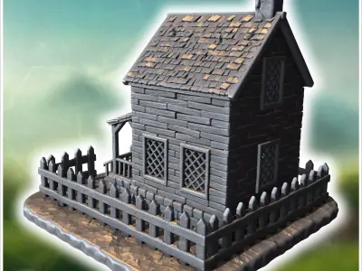 Intact wooden house with a picket fence front porch and a chimne 3D print model