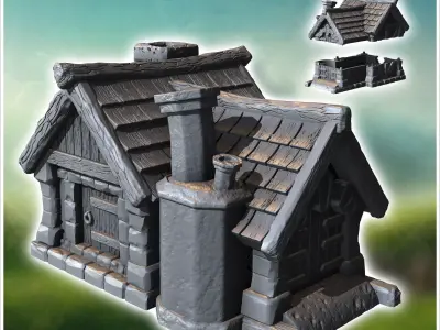 Medieval building with outdoor fireplace two-part roof and woode 3D print model