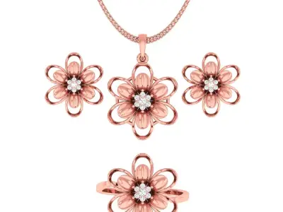 Light weight flower ring earrings pendant set 3dm stl 4 renders 3D print model