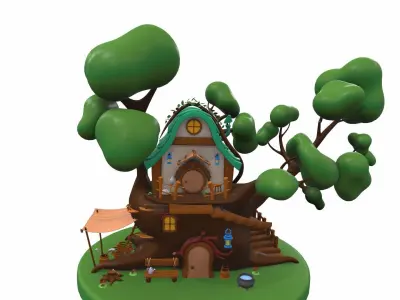 Cartoon tree house and props 3D model