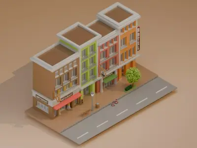 City Street Scene with Shops Low Poly 3D model