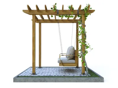 Wooden pergola with hanging sofa 3D model