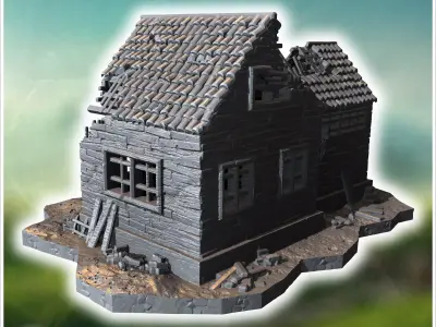 Ruined building with collapsed roof broken walls and scattered w 3D print model