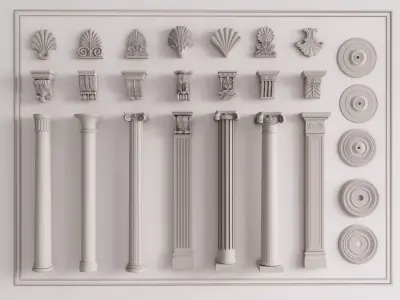 European Corner Rosettes Plaster Lines Columns Mouldings Set 3D Model Pack