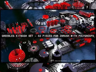 Greebles Kitbash Set - 53 Pieces for zBrush with Polygroups Low-poly 3D model