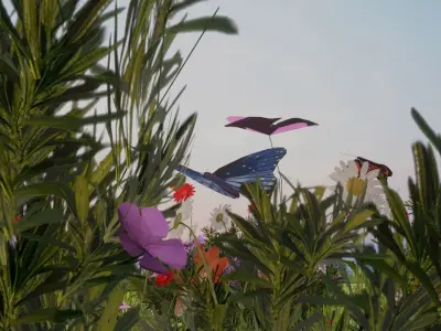 Beautiful Animated Windy Grass field flowers with Butterflies 3D model