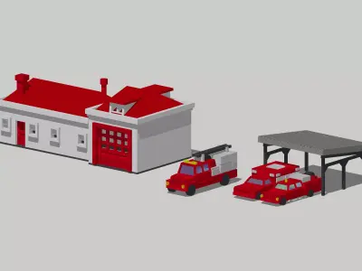 Country Fire Station with Fire Trucks by Outland Models Low-poly 3D model