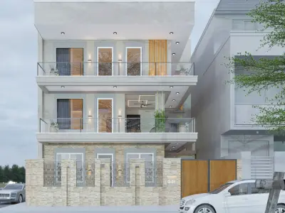 Exterior model modern apartment building with balconies Low-poly 3D model