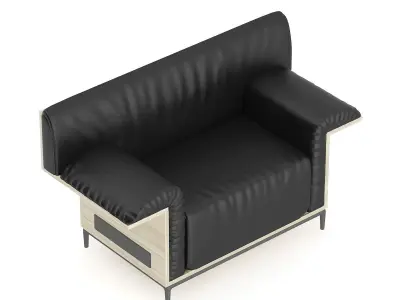 Black Leather Armchair with Wooden Back 3D model