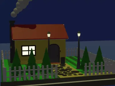 House low poly at night with smoke Free low-poly 3D model
