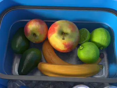  Camping Rolling Cooler Open with Fruits and Beers 