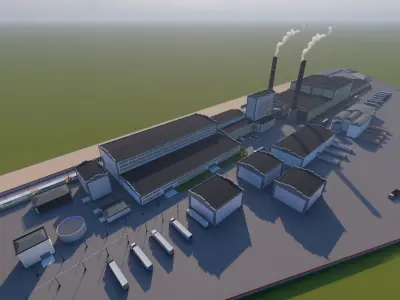 indutrials factory with smokestacks under cloudy sky 3D model
