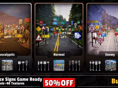 2700 Traffic Signs Bundle Apocalyptic Snowy Normal   Game Ready Low-poly 3D model