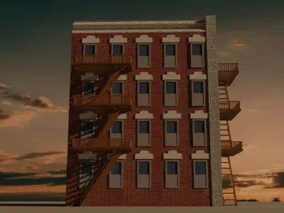 Low Poly Brick Apartment Building with Fire Escapes  Exterior  3D model