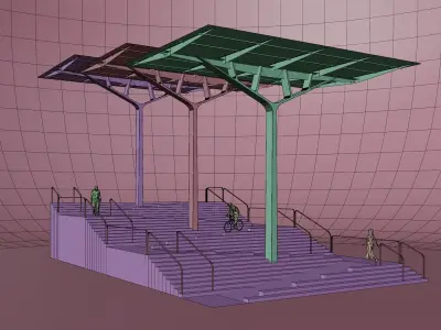 Outdoor stairs with a ramp Low-poly 3D model