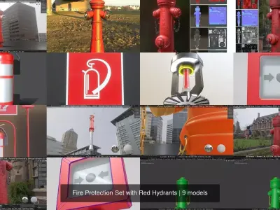 Fire Protection Set with Red Hydrants 3D Model Pack