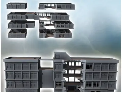 Modern Flat Roof Hospital with Wave Architecture Destroyed Versi 3D print model