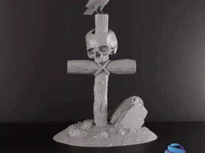  Gothic Cross  Skull  and Crow Diorama STL 3 Sizes Pre-supported 3D print model