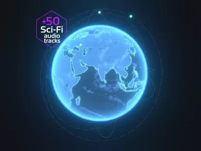 Animated Hologram Planet Earth With 50 Sci-Fi Music Tracks Low-poly 3D model