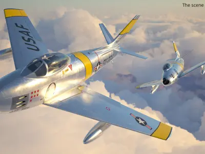  North American F-86 Sabre Jet Fighter Silver Yellow Flight Pose Simplified 