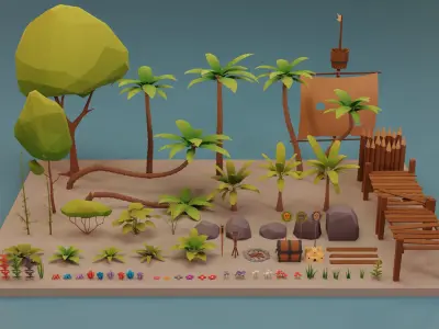 Low Poly Tropical Nature - Palm trees grass plants and rocks Low-poly 3D model