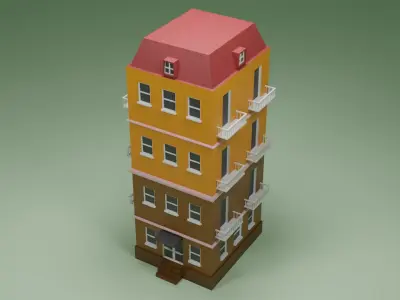 Cartoon four-story building Low-poly 3D model