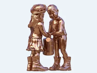 sculpture bronze statue of boy and girl holding bucket 3D model