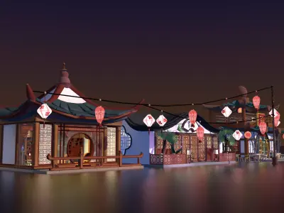 Stylized mini Chinatown props pack Low-poly 3D model