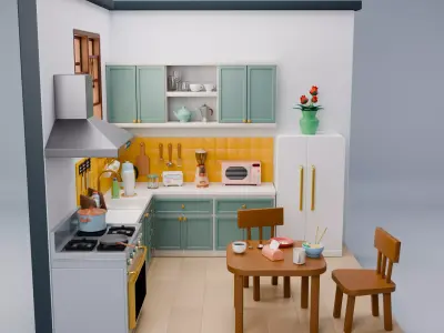Stylized Cozy Kitchen Room  Isometric Interior Low-poly 3D model