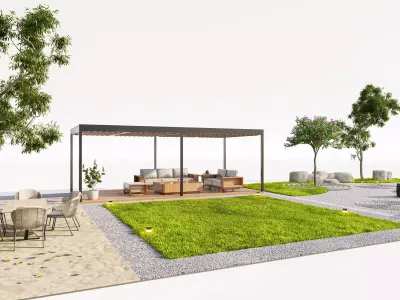Modern Courtyard Design with Pergola and Zen Garden Low-poly 3D model