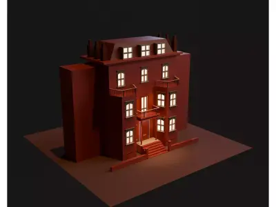 Stylized Red Townhouse Animation Ready Low Poly 3D Building Low-poly 3D model
