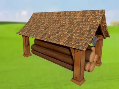 Stylized log shed sawmill PBR game ready Low-poly 3D model