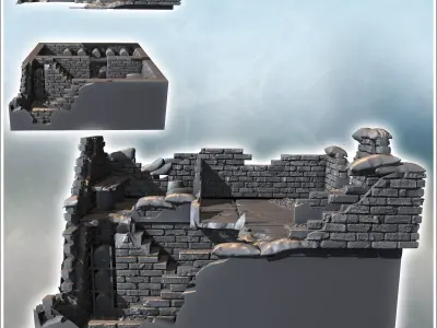Heavily damaged stone building with exposed steel framework and  3D print model