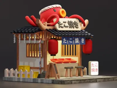 Japanese Takoyaki Stall - Cartoon Game Isometric Low-poly 3D model