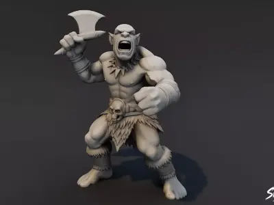 Ogre Warrior Axe Raised Statue Low-poly 3D model