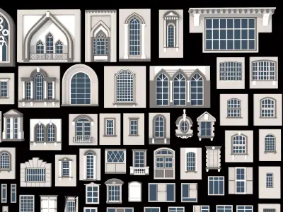 Modular European style window set Low-poly 3D model