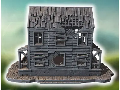 Ruined wooden tavern with broken balconies collapsed porch and d 3D print model