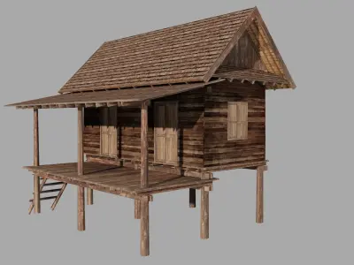 Ancient Thai wooden house Low-poly 3D model