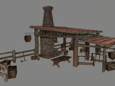 Blacksmith set wooden kitchen with pots and pans Low-poly 3D model