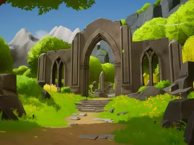 Stylized Nature with Ruins Low-poly 3D model